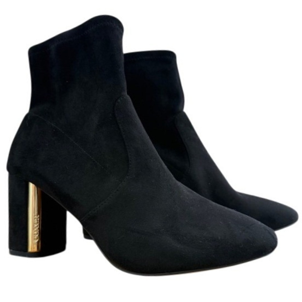 Coach Suede Sock Ankle Boot Women 9 Gold Logo Block Heel Luxe Chic Romantic Noir - Picture 2 of 14